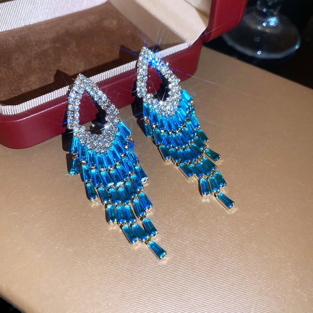 Crystal Teardrop Fringe Earrings in Blue by